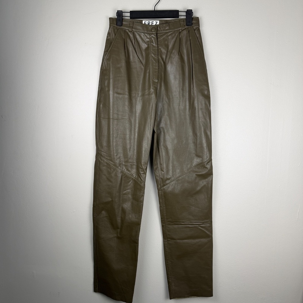 Vintage Erez Pants Womens 8 Green Leather Pleated Straight Leg Relaxed High-Rise